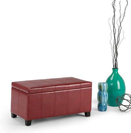 SIMPLIHOME Dover 36 inch Wide Contemporary Rectangle Storage Ottoman Bench in Radicchio Red Vegan Faux Leather, Assembled, for the Living Room, Entryway and Family Room