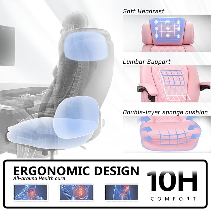 400lbs Office Chair with Foot Rest, Ergonomic Big and Tall Office Chair with Adjustable Headrest, High Back PU Leather Computer Chair,Comfy Heavy Duty Office Desk Chair (Classic Pink)