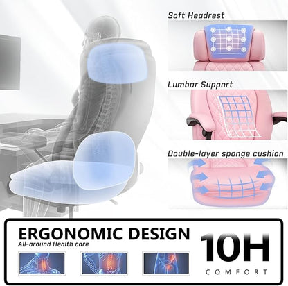 400lbs Office Chair with Foot Rest, Ergonomic Big and Tall Office Chair with Adjustable Headrest, High Back PU Leather Computer Chair,Comfy Heavy Duty Office Desk Chair (Classic Pink)
