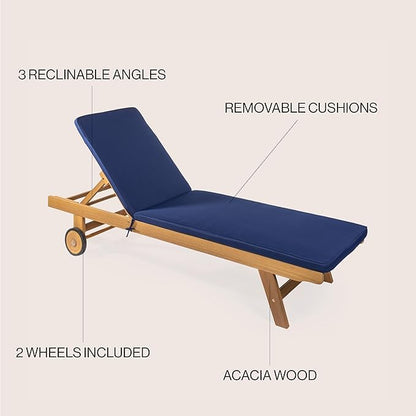JONATHAN Y LNG1000B Mallorca 77.56"x23.62" Modern Classic Adjustable Acacia Wood Chaise Outdoor Lounge Chair with Cushion & Wheels Coastal, Bohemian, Minimalist, Traditional, Navy/Natural