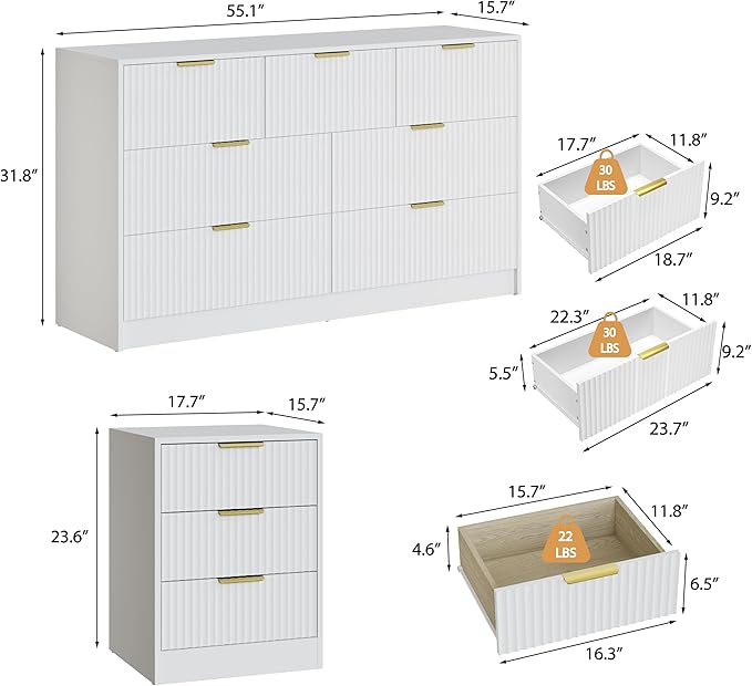 3-Piece Modern Bedroom Furniture Set, Wide 7-Drawer Dresser & 3-Drawer Nightstands Set of 2, Natural Wood Dresser and Nightstand Sets for Bedroom, Hallway, White