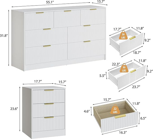 3-Piece Modern Bedroom Furniture Set, Wide 7-Drawer Dresser & 3-Drawer Nightstands Set of 2, Natural Wood Dresser and Nightstand Sets for Bedroom, Hallway, White