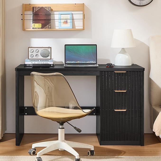 48" Modern Fluted Executive Desk with Storage Cabinet, Black Wood Home Office Desk with File Drawer & Metal Handles, Large Computer Writing Table for Office,Study, Living Room, Bedroom
