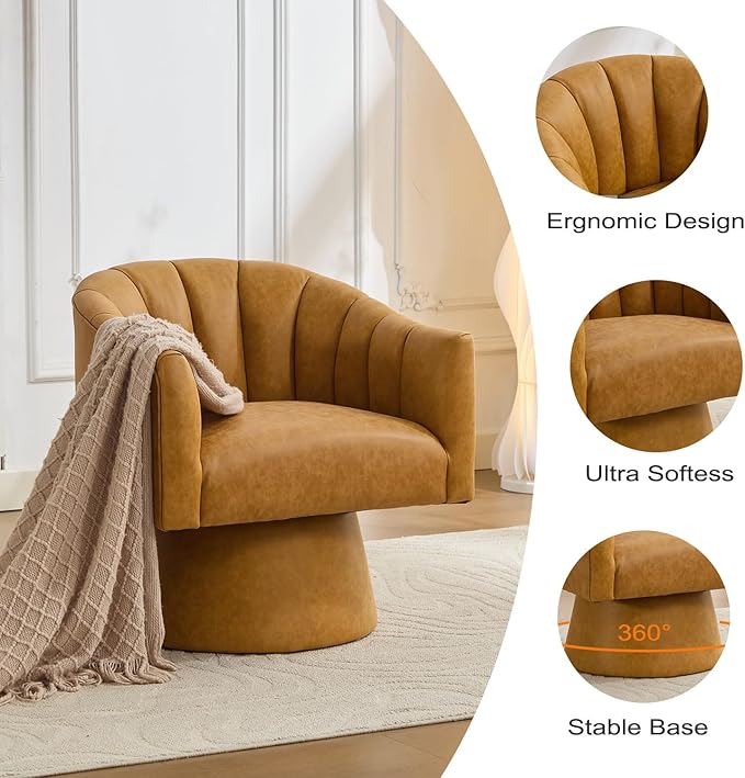 Swivel Accent Chair, Faux Leather 360° Swivel Barrel Chair Upholstered Modern Living Room Chair, Overstuffed Reading Armchair for Bedroom,Vanity,Office-Mustard