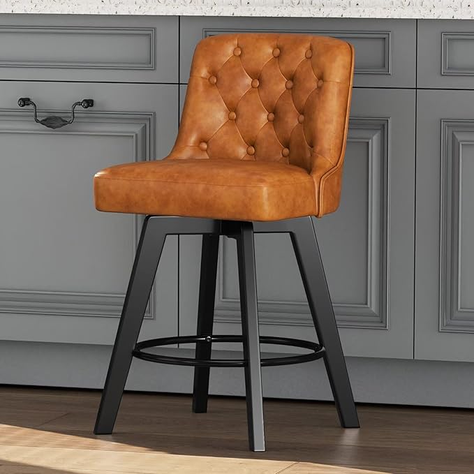 MINCETA Bar Stool, PU Leather Barstool, 26 Inch Upholstered Counter Stool with Low Tufted Back and Footrest, Swivel Counter Height Barstool for Kitchen Island Home Bar Brown