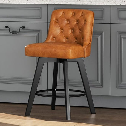 MINCETA Bar Stool, PU Leather Barstool, 26 Inch Upholstered Counter Stool with Low Tufted Back and Footrest, Swivel Counter Height Barstool for Kitchen Island Home Bar Brown