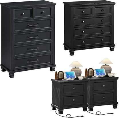Farmhouse Bedroom Dresser and Nightstand Set of 4, 6 Drawer Tall & 5 Drawers Dresser & 2 Drawer Nightstand Set, Rustic Wood Bedroom Furniture Set for Livingroom, Hallway, Black