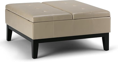 SIMPLIHOME Dover 36 inch Wide Contemporary Square Coffee Table Storage Ottoman in Satin Cream Vegan Faux Leather, Assembled, For the Living Room and Bedroom
