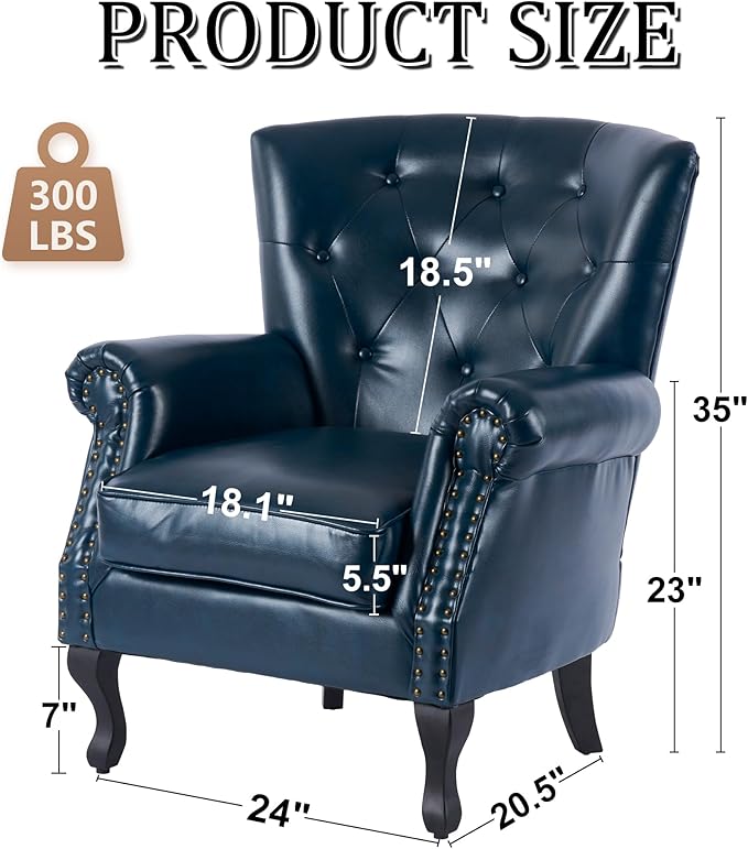 Modern Accent Chair, Mid-Century Faux Leather Armchair with Solid Wood Legs, Single Sofa Club Chair for Living Room, Bedroom, Leisure Room, Reading Room(Navy)