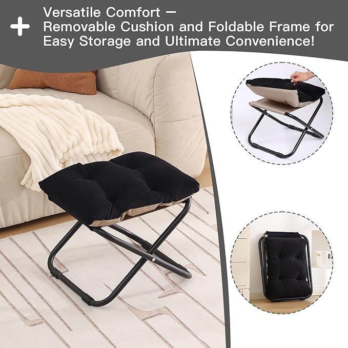 LITA Folding Footrest Stool, Portable Ottoman Foot Rest, Upholstered Small Foldable Ottoman with Detachable Thick Cotton Cushion Padded Sofa Stool for Living Room, Bedroom, Velvet Black Set
