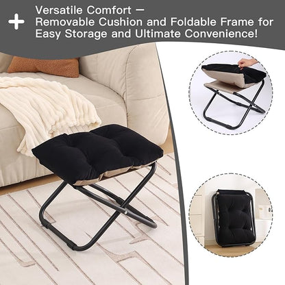 LITA Folding Footrest Stool, Portable Ottoman Foot Rest, Upholstered Small Foldable Ottoman with Detachable Thick Cotton Cushion Padded Sofa Stool for Living Room, Bedroom, Velvet Black Set