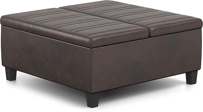 SIMPLIHOME Ellis 36 inch Wide Contemporary Square Coffee Table Storage Ottoman in Distressed Brown Vegan Faux Leather, Assembled, for The Living Room and Bedroom