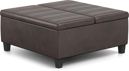 SIMPLIHOME Ellis 36 inch Wide Contemporary Square Coffee Table Storage Ottoman in Distressed Brown Vegan Faux Leather, Assembled, for The Living Room and Bedroom