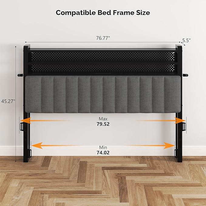VINGLI King Size Headboard Only, Adjustable Upholstered Headboard with 3 Tier Shelves and Pegboard with Charging Stations and LED Lights, Modern Bed Headboard with Storage for Bedroom Decor