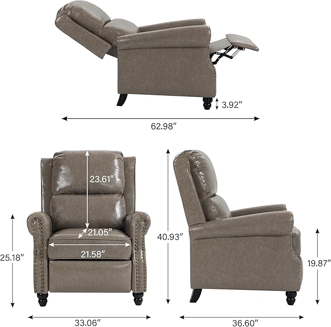 Faux Leather Recliner Chair, Modern Pushback Armchair with Adjustable Backrest & Footrest for Bedroom, Living Room-Grey, Set of 2