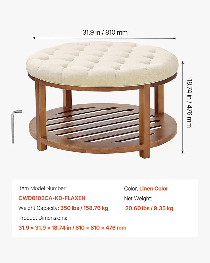 VEVOR Large Round Ottoman Coffee Table, 31.9 Inch Tufted Coffee Table with Solid Wood Shelf Storage, Linen Solid Upholstered Footrest Ottoman for Bedroom Living Room, 350 LBS, Linen Color