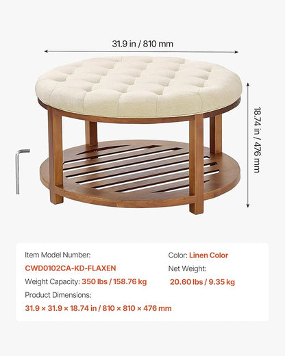 VEVOR Large Round Ottoman Coffee Table, 31.9 Inch Tufted Coffee Table with Solid Wood Shelf Storage, Linen Solid Upholstered Footrest Ottoman for Bedroom Living Room, 350 LBS, Linen Color
