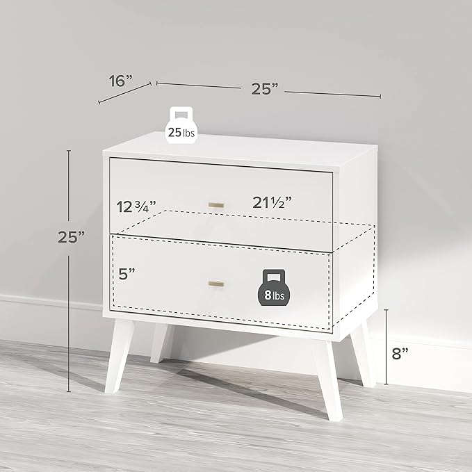Prepac Milo Mid-Century Modern 2 Drawer Nightstand, Bedside Table, Contemporary Bedroom Furniture, 16"D x 25"W x 25"H, White