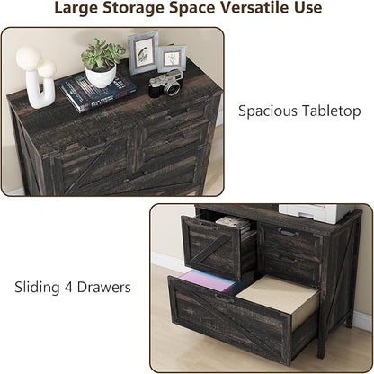 Lateral File Cabinet with 4 Drawers Farmhouse File Cabinet for Letter/Legal/A4 Size Hanging Files, Large Wood File Storage Cabinets Printer Stand for Home Office Cabinet, Dark Rustic Oak