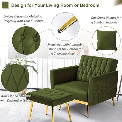 Velvet Accent Chair w/Adjustable Armrests and Backrest, Button Tufted Lounge Chair, Single Recliner Armchair with Ottoman and a Pillow for Living Room, Bedroom,Olive Green