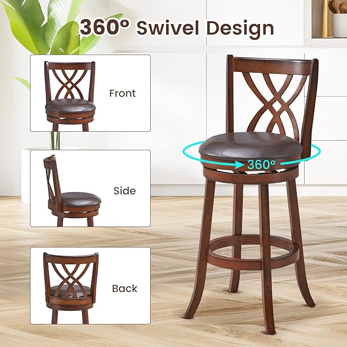 COSTWAY Bar Stools Set of 2, 360° Swivel Chairs with Rubber Wood Frame, 30-Inch PU Leather Cushioned Seat and Footrests, for Kitchen Island, Dining Room, Bar (Brown-30 inches, 2 stools)