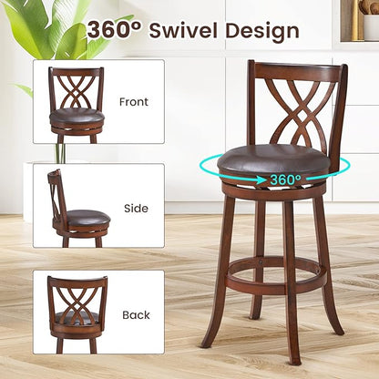 COSTWAY Bar Stools Set of 2, 360° Swivel Chairs with Rubber Wood Frame, 30-Inch PU Leather Cushioned Seat and Footrests, for Kitchen Island, Dining Room, Bar (Brown-30 inches, 2 stools)