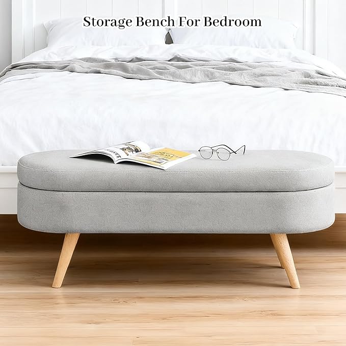 Storage Ottoman Bench 43" Storage Bench for Bedroom, Upholstered Soft Boucle Fabric End of Bed with Safety Hinge Solid Wood Legs Foot Stool Benches for Hallway,Closet,Oval, Entryway, Grey