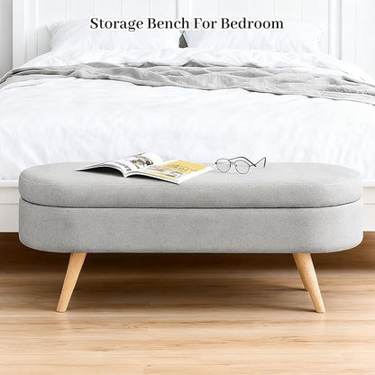 Storage Ottoman Bench 43" Storage Bench for Bedroom, Upholstered Soft Boucle Fabric End of Bed with Safety Hinge Solid Wood Legs Foot Stool Benches for Hallway,Closet,Oval, Entryway, Grey