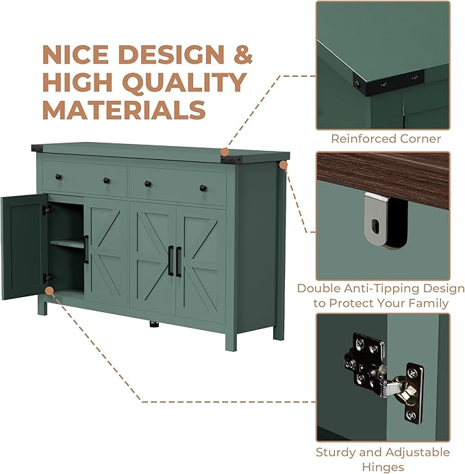 Buffet Cabinet with Storage Farmhouse with 4 Doors and 2 Drawers, 55'' Large Kitchen Storage Cabinet Green Wood Coffee Bar Buffet Sideboard for Kitchen, Dining Room, Living Room