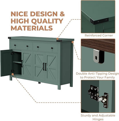 Buffet Cabinet with Storage Farmhouse with 4 Doors and 2 Drawers, 55'' Large Kitchen Storage Cabinet Green Wood Coffee Bar Buffet Sideboard for Kitchen, Dining Room, Living Room