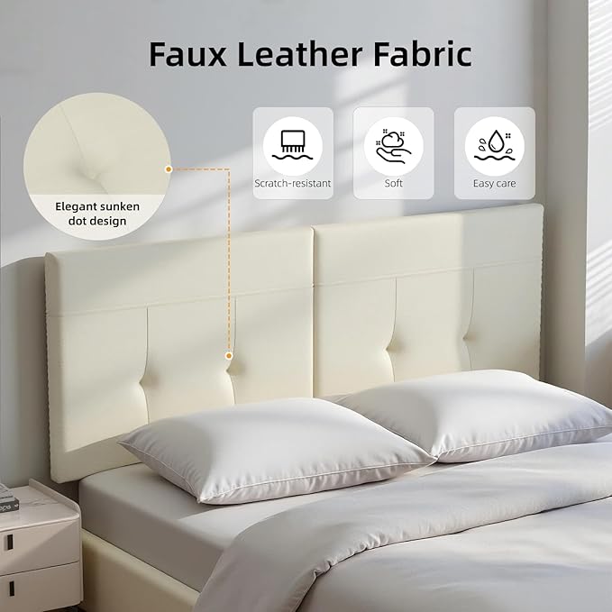 King Headboard Only with Adjustable Metal Legs, Faux Leather Upholstered Headboard King Size, Modern Stylish Headboard with Sunken Dot Design, Sturdy Bed Headboard for Bedroom, Ivory