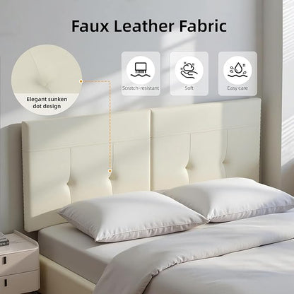 King Headboard Only with Adjustable Metal Legs, Faux Leather Upholstered Headboard King Size, Modern Stylish Headboard with Sunken Dot Design, Sturdy Bed Headboard for Bedroom, Ivory
