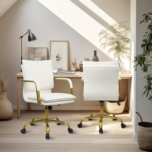 CLATINA Leather Home Office Desk Chair, Swivel Mid-Back Computer Chair with Golden Legs and Arms, Comfy Upholstered Task Chair with Wheels, White