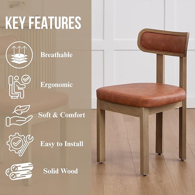 Brown Dining Chairs Set of 2, Mid Century Modern Leather Dining Room Chairs with Curved Back, Armless Kitchen Chairs for Living Room/Restaurant/Balcony/Bedroom/Home Desk/Task