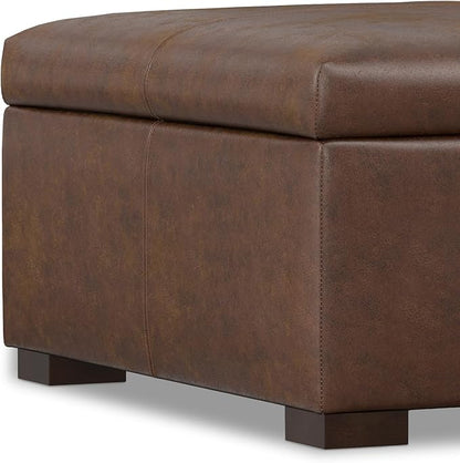 SIMPLIHOME Gabbie 36 inch Wide Contemporary Square Square Coffee Table Storage Ottoman in Distressed Chestnut Brown Vegan Faux Leather, Assembled, for The Living Room, Entryway and Family Room