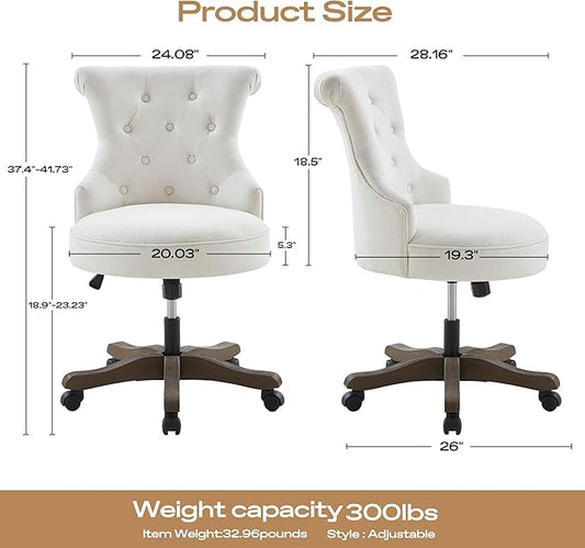 HUIMO Home Office Chair Upholstered Armless Desk Chairs with Wheels Adjustable Height Computer Desk Chair with Wooden Legs Linen Comfortable Swivel for Home Office Study Studio (Beige)