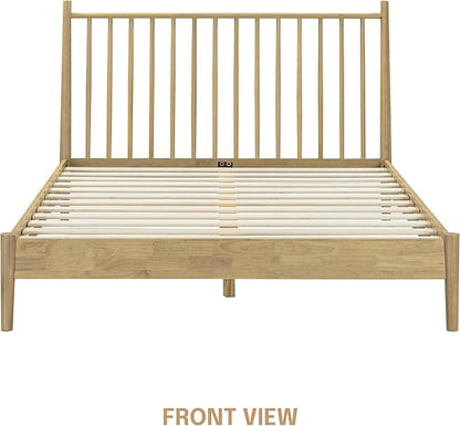 NTC Inno Wooden Bed Frame with Headboard, Solid Oak and Rubber Wood Foundation with Silent Slats and Wood Central Supports, 1000 Lb Capacity, Effortless Assembly, Queen - Sand