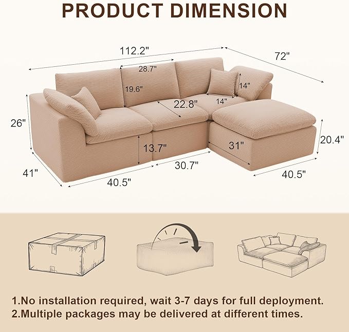 112" Cloud Sectional Couch, Boneless couches for Living Room, L Shaped Couch with Convertible Ottoman, Modular Sectional Sofa with Deep Seat, Comfy Soft Cushions, No Assembly, Camel