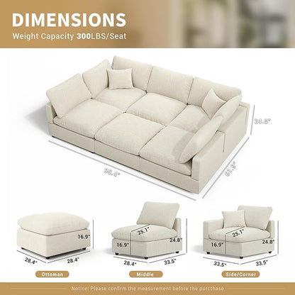 Linen Modular Sectional Sofa Cloud Couch for Living Room,Sleeper Sofa Bed,95.4 Inch Couches Cushion Covers Removable,Cozy Feather Down Sofa for Apartment Beige