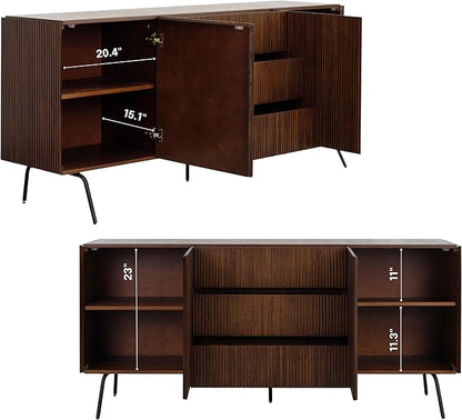 NTC Veil Large Sideboard with 2 Doors and 3 Drawers, Buffet Cabinet with Vertical Groove Design and Metal Legs, Storage Cabinet for Living Room, and Entryway, Effortless Assembly - Dark Walnut