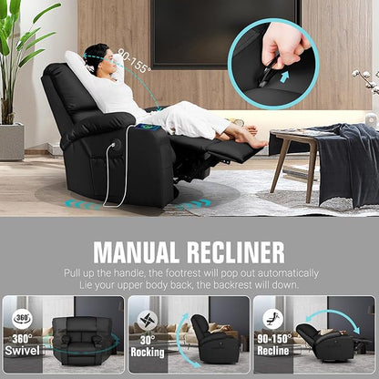 LEVELEVE Rocking Recliner Chair, Massage Rocker Recliner Chair with Vibration Massage and Heat, USB and Type-C Ports,360° Swivel Faux Leather Chairs, Living Room, Bedroom, Nursery, RV, Black