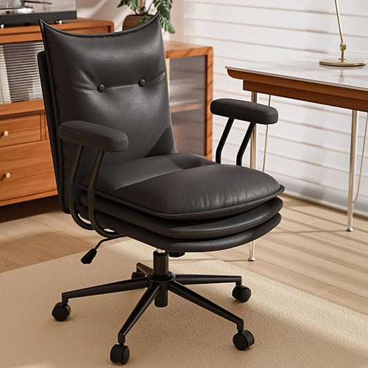Black Leather Desk Chair with Wheels,Triple-Layers Thicken Wide Seat Height Adjustable,Mid Back,Desk Chair Comfy for Home,Office
