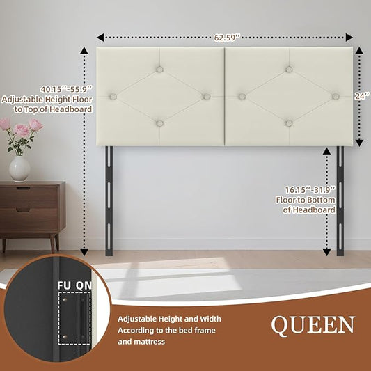 Modern Queen Headboard, Upholstered Faux Leather Bed Headboard with Solid Wood & Sturdy Metal Legs, Tufted Adjustable Height Headboards in Button Design, Ivory