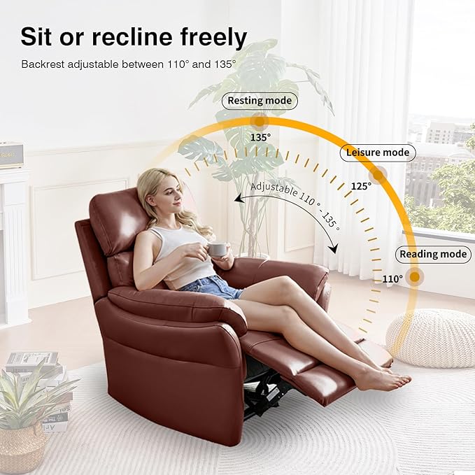 AIRSKY Genuine Leather Recliner Chair, Top Grain Leather, Italian Water-Washing Process, Recliner Chairs for Adults, for Living Room, Theater Seating, Bedroom. R1, Reddish Brown