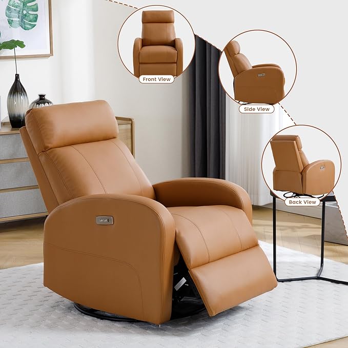 Power Recliner, Faux Leather Swivel Rocker Recliner Chair with USB Port, Electric Swivel Rocking Reclining Chair Glider Recliner for Adults Living Room, Brown