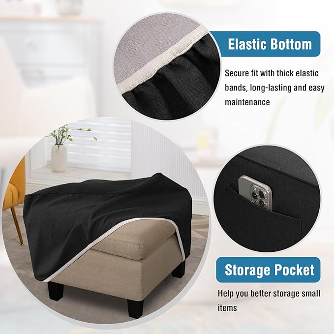 H.VERSAILTEX Square Ottoman Cover Fit Length 24"-25" Footrest Durable Linen Look Fabric Ottoman Slipcover Thick Soft Footrest Stool Covers for Square Ottoman Removable Washable - Heather Black