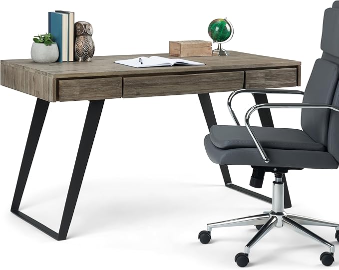 SIMPLIHOME Lowry Desk - 54-Inch Wide Solid Acacia Wood and Metal Writing Desk in Distressed Grey, Modern Industrial Home Office Computer Table with 2 Drawers and Flip-Down Keyboard Tray