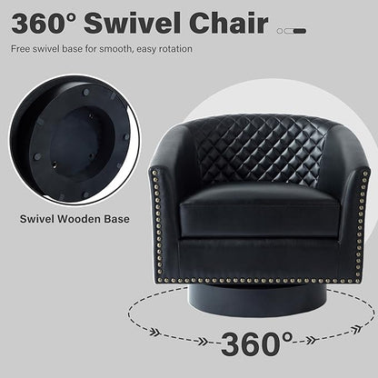 Pia Ricco Faux Leather Swivel Barrel Accent Chairs, 360° Swivel Round Single Sofa Chair, Comfy Upholstered Club Armchair with Nailhead Trim for Living Room/Reading Room/Bedroom, Black