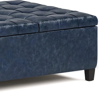 SIMPLIHOME Harrison 36 inch Wide Transitional Square Coffee Table Storage Ottoman in Denim Blue Vegan Faux Leather, Assembled, For the Living Room and Bedroom