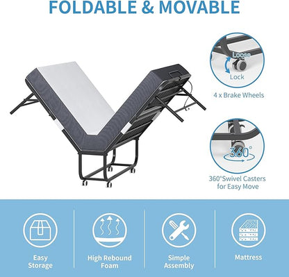 Folding Bed with Mattress for Adults, 75" x 38" Foldable Bed, Twin Size Metal Bed Frame with Wheels, Portable Rollaway Bed for Guest, Travel
